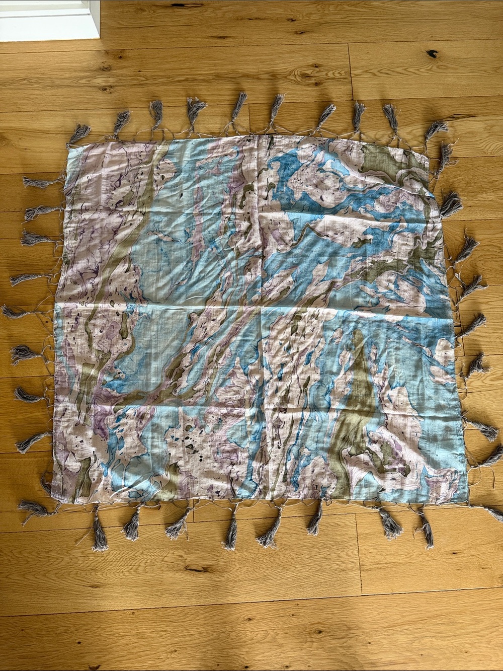 Abstract Marble Tassel Scarf in Blue, Grey & Lilac